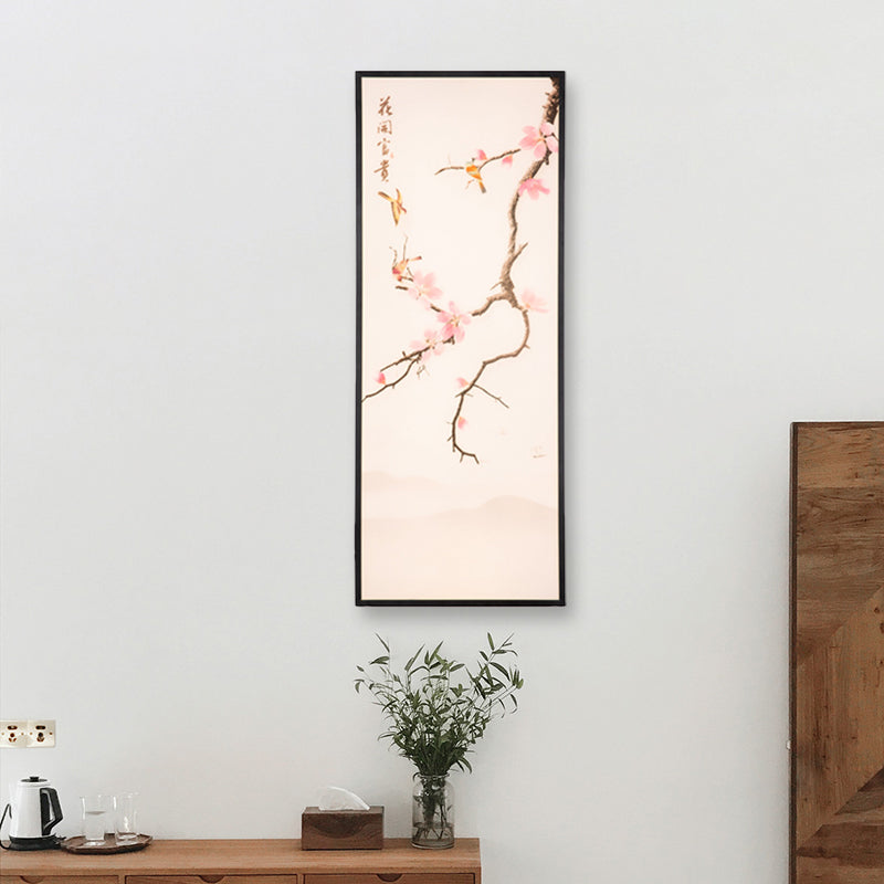 Stunning Asian Style Led Wall Mount Sconce With Black Bird And Peach Blossom Painting Fabric Shade