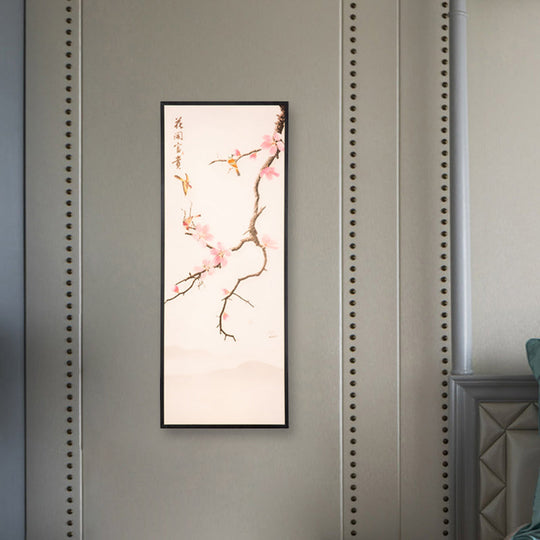 Stunning Asian Style Led Wall Mount Sconce With Black Bird And Peach Blossom Painting Fabric Shade