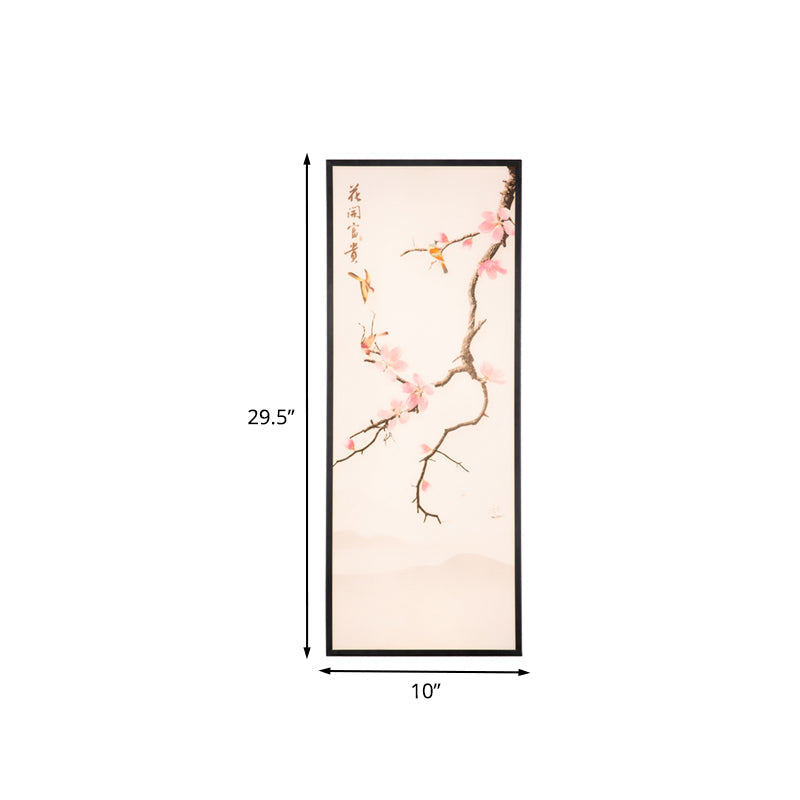 Stunning Asian Style Led Wall Mount Sconce With Black Bird And Peach Blossom Painting Fabric Shade