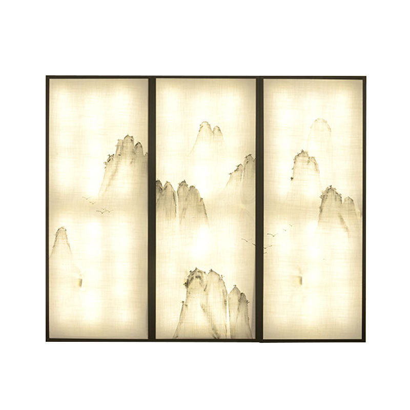 Light Fabric Asian Wall Mural With Led Sconce Lighting - Hills Drawing Bedroom Décor