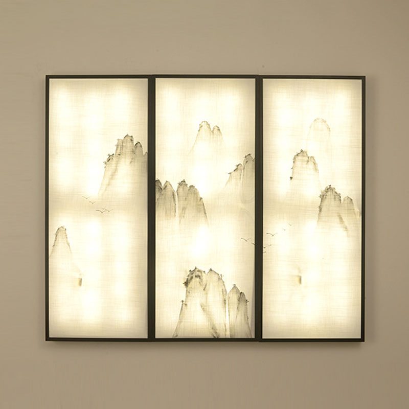 Light Fabric Asian Wall Mural With Led Sconce Lighting - Hills Drawing Bedroom Décor