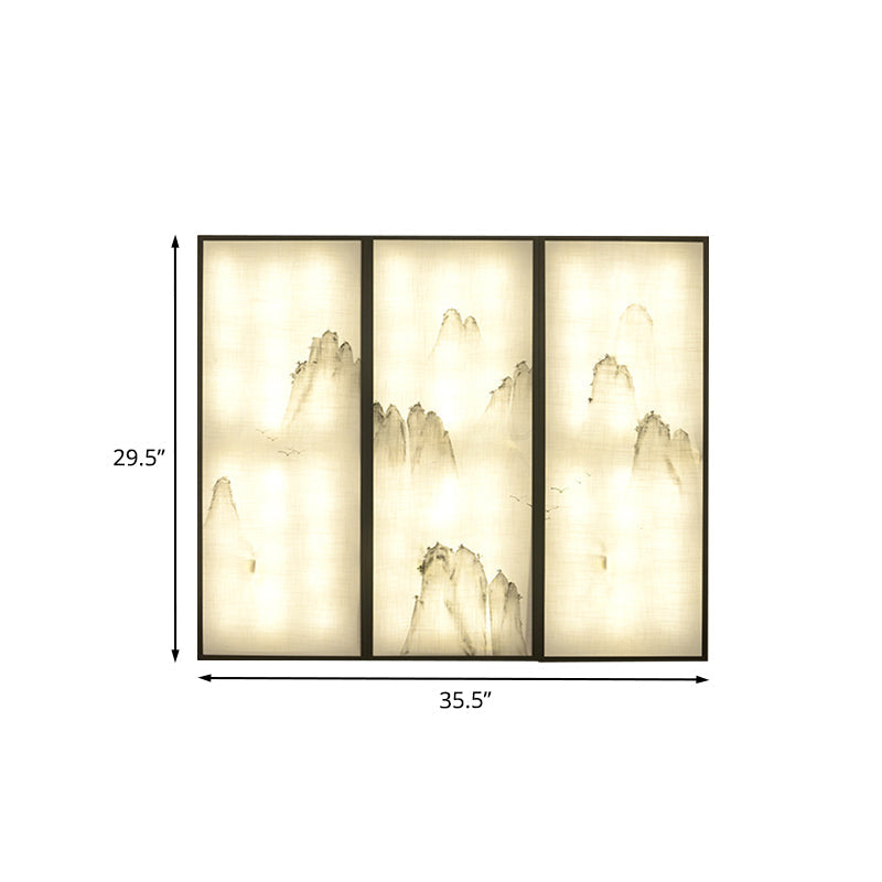 Light Fabric Asian Wall Mural With Led Sconce Lighting - Hills Drawing Bedroom Décor