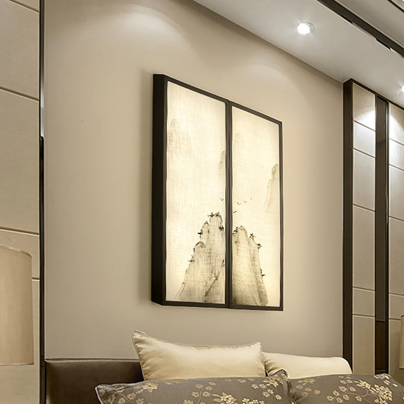 Light Fabric Asian Wall Mural With Led Sconce Lighting - Hills Drawing Bedroom Décor