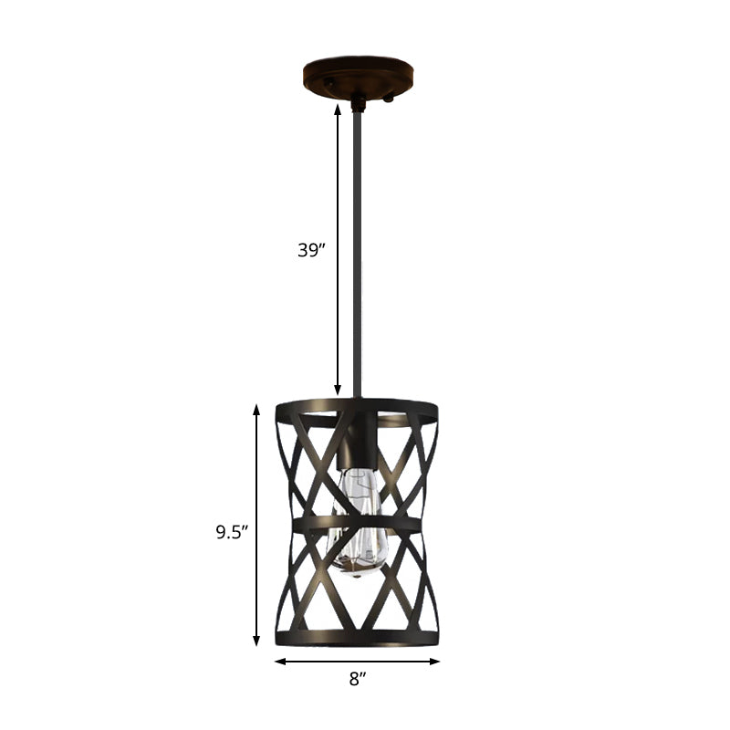 Vintage Industrial Metal Pendant Light with Stylish Black Cage Shade - Dining Room Hanging Lamp