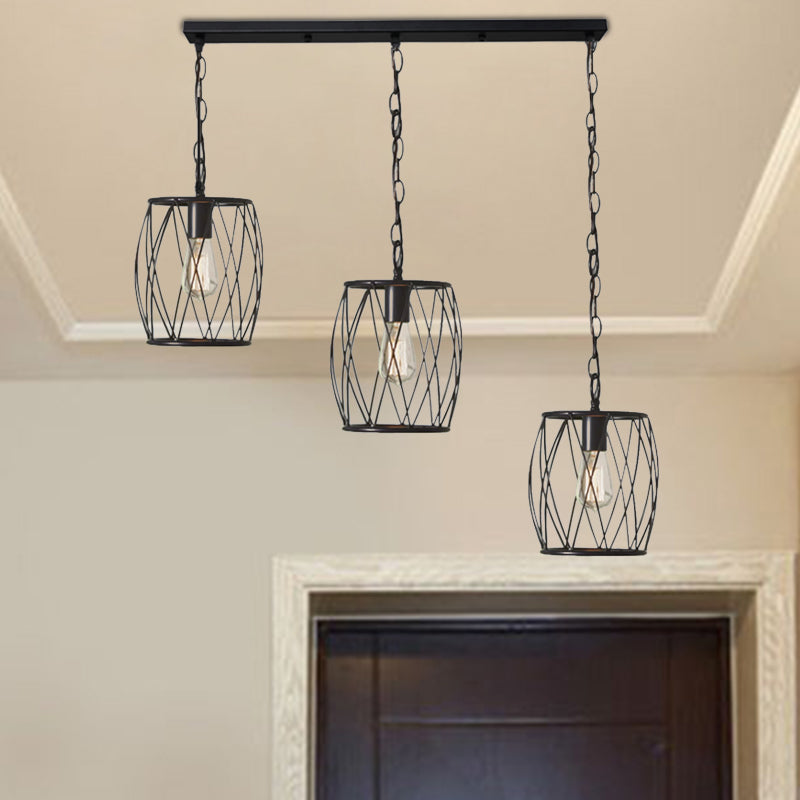 Industrial Black Hanging Lamp With 3 Bulbs And Stylish Metal Lantern Cage Shade - Foyer Suspension