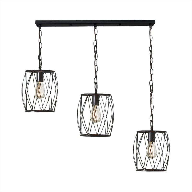 Sleek Black Metal Lantern Hanging Lamp - 3 Bulb Industrial Stylish Cage Shade Suspension Light for Foyer