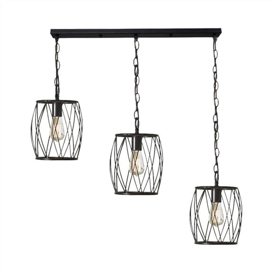 Industrial Black Hanging Lamp With 3 Bulbs And Stylish Metal Lantern Cage Shade - Foyer Suspension