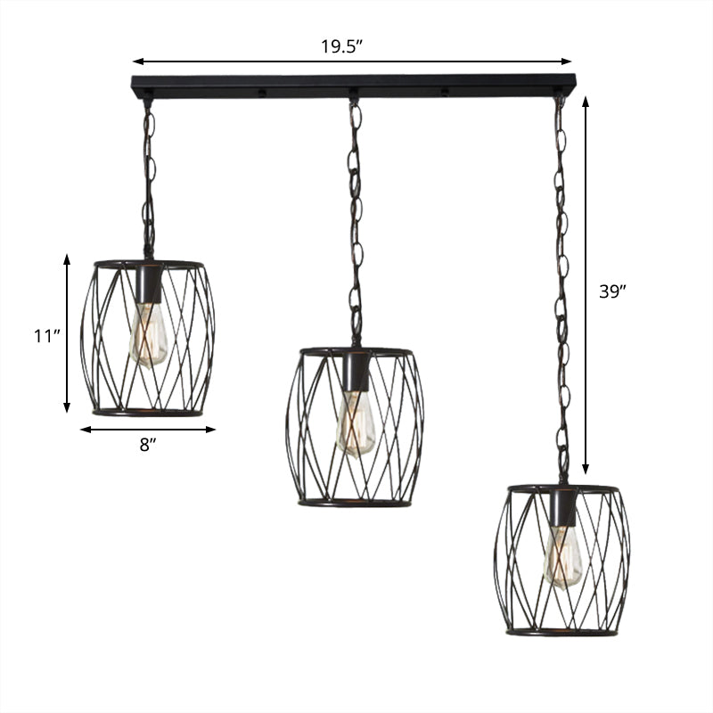 Industrial Black Hanging Lamp With 3 Bulbs And Stylish Metal Lantern Cage Shade - Foyer Suspension