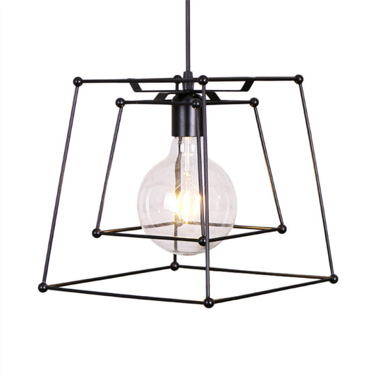 Industrial Black Metal Pendant Light with Trapezoid Cage Shade - Living Room Hanging Lamp