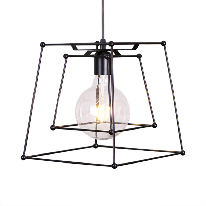 Industrial Black Metal Pendant Light With Trapezoid Cage Shade - Perfect For Living Room And Hanging