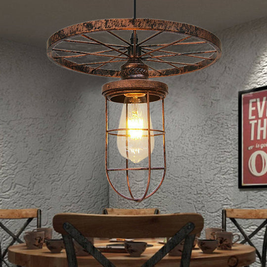 Industrial Bronze Wire Frame Hanging Lamp With Wrought Iron Design - Stylish 1 Light Restaurant