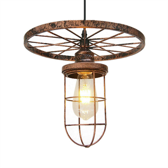 Industrial Bronze Wire Frame Hanging Lamp with Wrought Iron Details and Restaurant Ceiling Mount