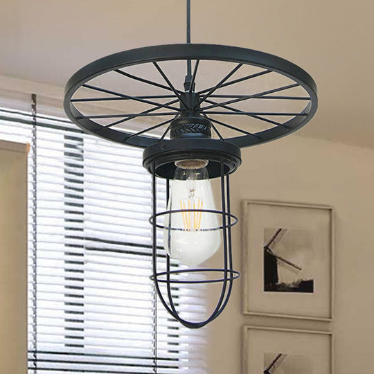 Industrial Style Metal Wire Cage Pendant Ceiling Light With Wheel Deco - 1 Head In Black For Dining