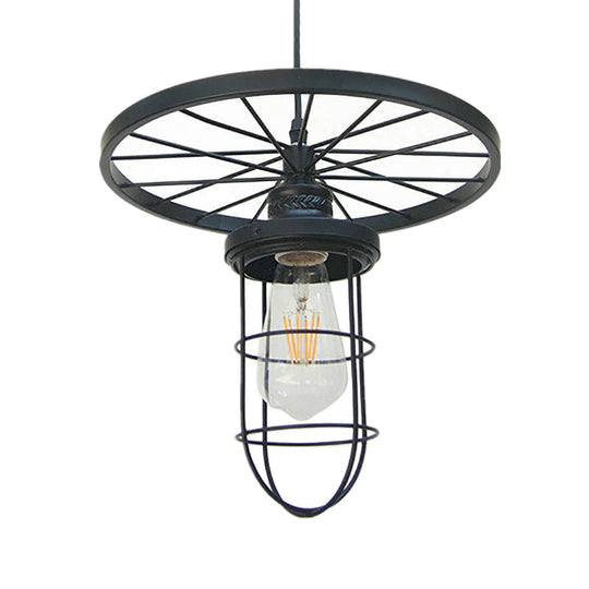 Industrial-Style Black Metal Wire Cage Ceiling Fixture Pendant Light with Wheel Deco - Dining Room and More!