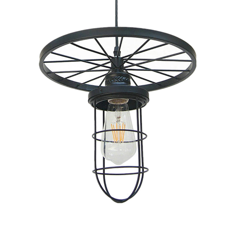 Industrial Style Metal Wire Cage Pendant Ceiling Light With Wheel Deco - 1 Head In Black For Dining