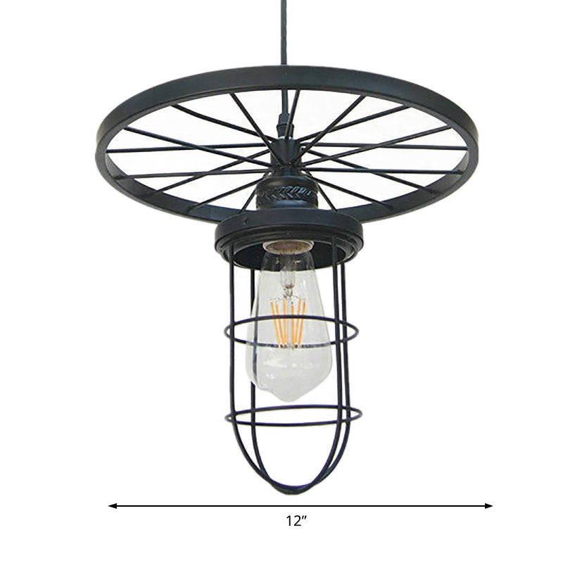 Industrial-Style Black Metal Wire Cage Ceiling Fixture Pendant Light with Wheel Deco - Dining Room and More!