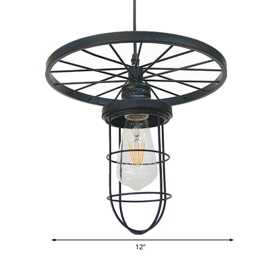 Industrial Style Metal Wire Cage Pendant Ceiling Light With Wheel Deco - 1 Head In Black For Dining