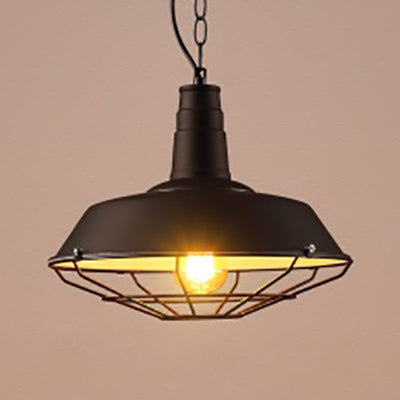 Industrial Wire Cage Hanging Light With Metal Shade - Black (1 Head) For Warehouse