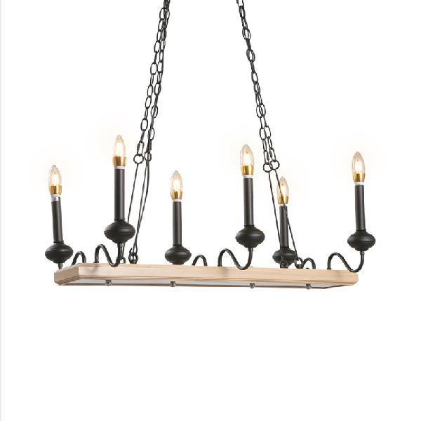 Industrial Metal 6-Bulb Indoor Island Pendant Light With Wooden Canopy - Black Finish