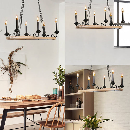 Industrial Metal 6-Bulb Indoor Island Pendant Light With Wooden Canopy - Black Finish