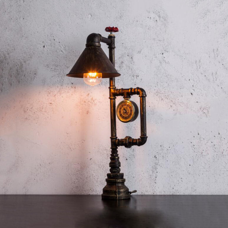 Conic Metal Shade Table Lamp - Industrial Style 1 Light Red Valve And Clock Deco Bronze