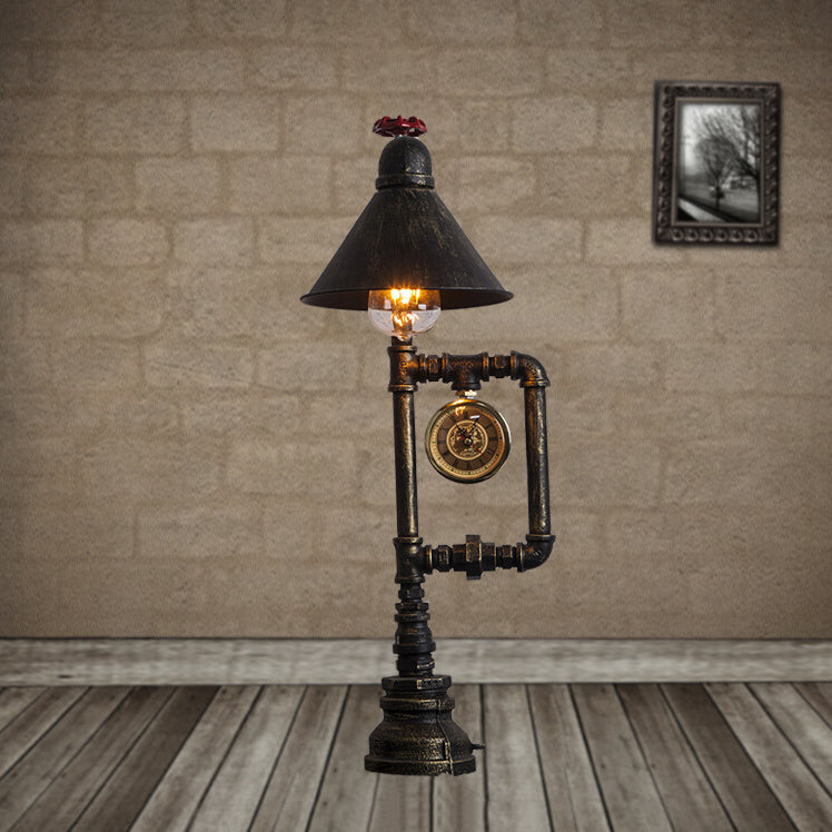 Conic Metal Shade Table Lamp - Industrial Style 1 Light Red Valve And Clock Deco Bronze