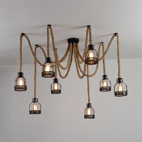 Antique Iron & Hemp Rope Swag Ceiling Fixture: Black Wire Cage Shade, 8 Bulbs - Restaurant Hanging Light