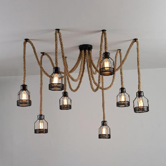 Antique Iron Wire Cage Pendant Light With Black Swag Ceiling Fixture - 8 Bulbs + Hemp Rope Ideal For