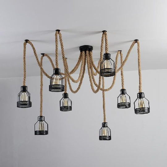 Antique Iron Wire Cage Pendant Light With Black Swag Ceiling Fixture - 8 Bulbs + Hemp Rope Ideal For