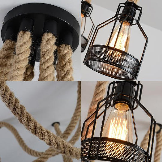 Antique Iron & Hemp Rope Swag Ceiling Fixture: Black Wire Cage Shade, 8 Bulbs - Restaurant Hanging Light