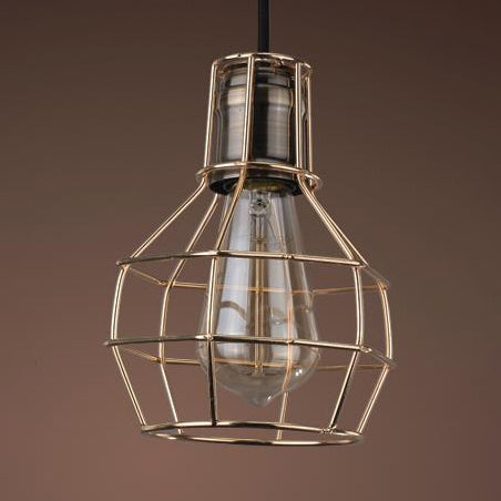 Industrial Pendant Light Fixture: Brass Finish Globe on Wire Frame - 1 Bulb Kitchen Hanging Lamp