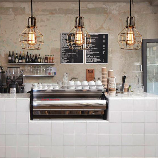 Industrial Pendant Light Fixture: Brass Finish Globe on Wire Frame - 1 Bulb Kitchen Hanging Lamp