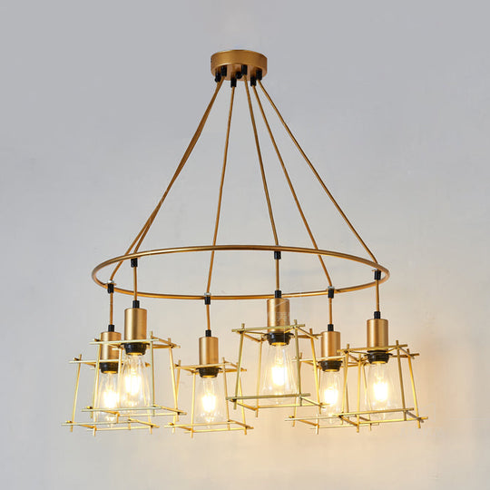 Retro Stylish Gold Cage Ring Chandelier: 6 Bulb Iron Hanging Light