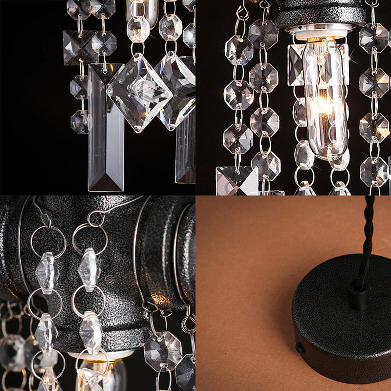 Industrial Black Water Pipe Suspension Lamp with Crystal Accent for Cafe Ceiling