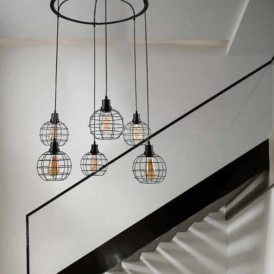 Industrial Style Global Hanging Lamp - 6-Bulb Metallic Suspended Light in Black with Wire Cage Shade