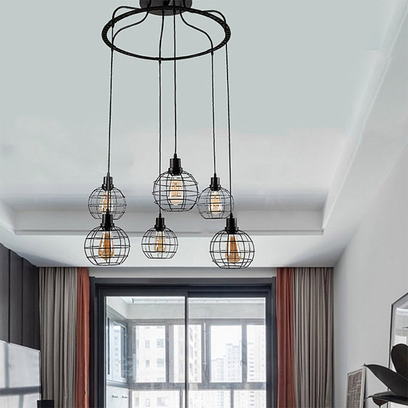 Industrial Style Global Hanging Lamp - 6-Bulb Metallic Suspended Light in Black with Wire Cage Shade