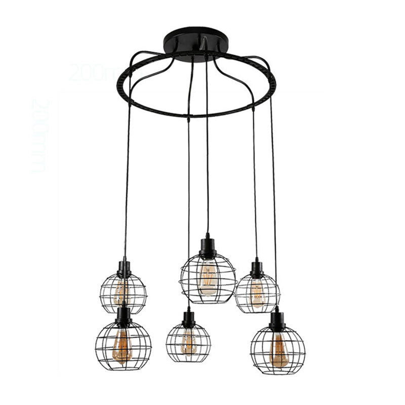 Industrial Style 6-Bulb Metallic Hanging Lamp With Wire Cage Shade Black