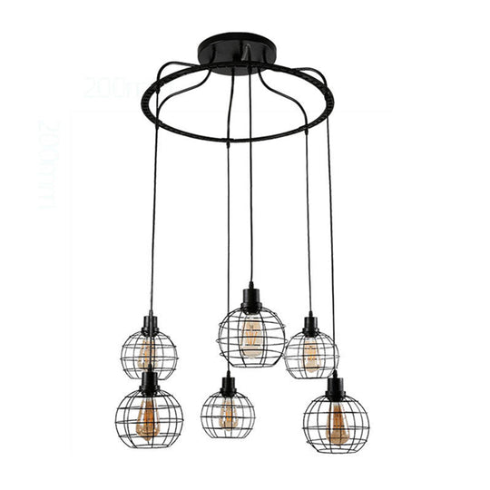 Industrial Style 6-Bulb Metallic Hanging Lamp With Wire Cage Shade Black