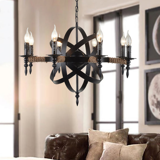 Antique Style Metal Chandelier - 8-Light Orbit Cage Pendant Lamp Black Finish For Living Room