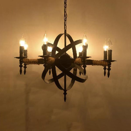 Antique Style Metal Chandelier - 8-Light Orbit Cage Pendant Lamp Black Finish For Living Room