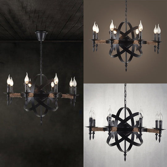 Antique-style Black Metal Chandelier Lamp: Orbit Cage Design with 8 Candle Lights for Living Room Pendant Lighting