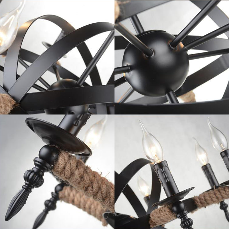 Antique-style Black Metal Chandelier Lamp: Orbit Cage Design with 8 Candle Lights for Living Room Pendant Lighting