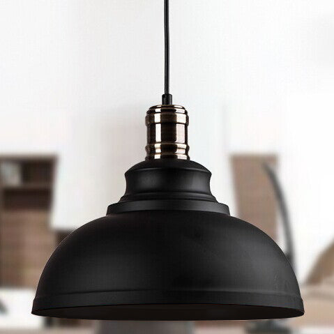 Industrial Style Metallic Pendant Ceiling Light - 12"/14"/16" Dia, 1 Light, Bowl Shade, Black/White Inner