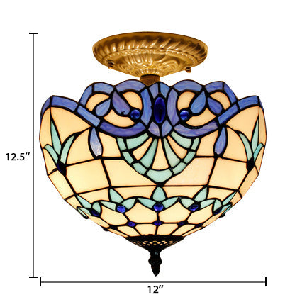 Baroque Style Glass Ceiling Light with Jewel Decoration - 2-Light Domed Semi Flush Mount for Bedroom