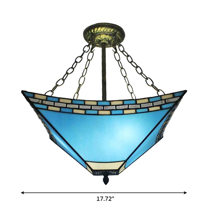 Tiffany Bedroom Ceiling Lights - 3-Light Pyramid Semi Flush with Chain and Stained Glass Shade - 18" High x 18" Diameter