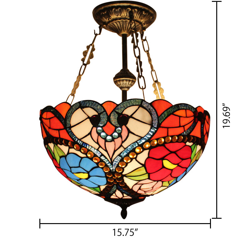 Victorian Stained Glass Ceiling Light - Elegant Semi Flush Mount with Floral Pattern