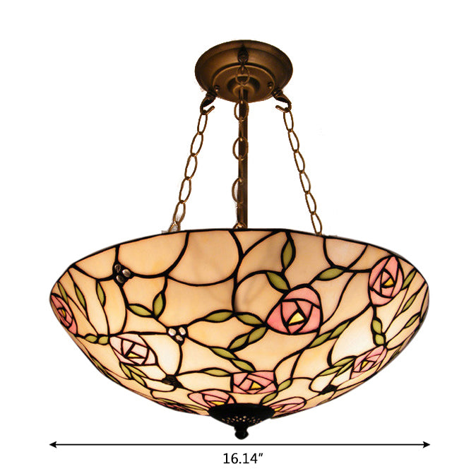 Stained Glass Tiffany LED Ceiling Light with 3-Lights, Aged Brass Chain and Rose Pattern