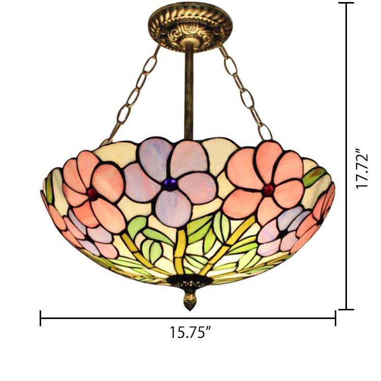 Stained Glass Tiffany LED Ceiling Light with 3-Lights, Aged Brass Chain and Rose Pattern