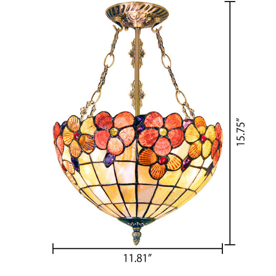 LED Bedroom Ceiling Light - Tiffany Style Floral Semi Flush in Aged Brass with Art Glass Shade