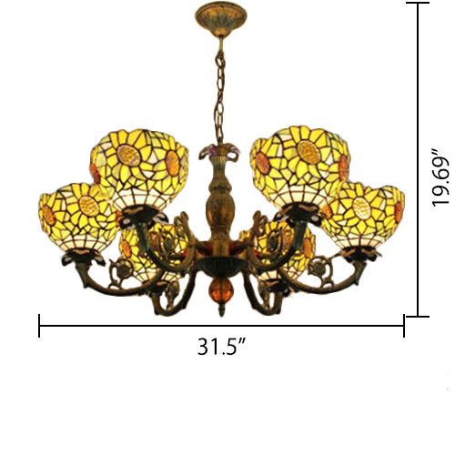 Tiffany Style Stained Glass Sunflower Chandelier With 6 Lights - Bedroom Lighting